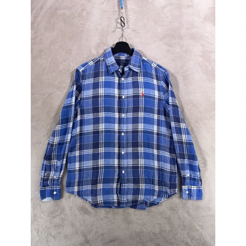 Polo Ralph Lauren Linen Button Down Shirt Mens Small Blue Plaid Long Sleeve